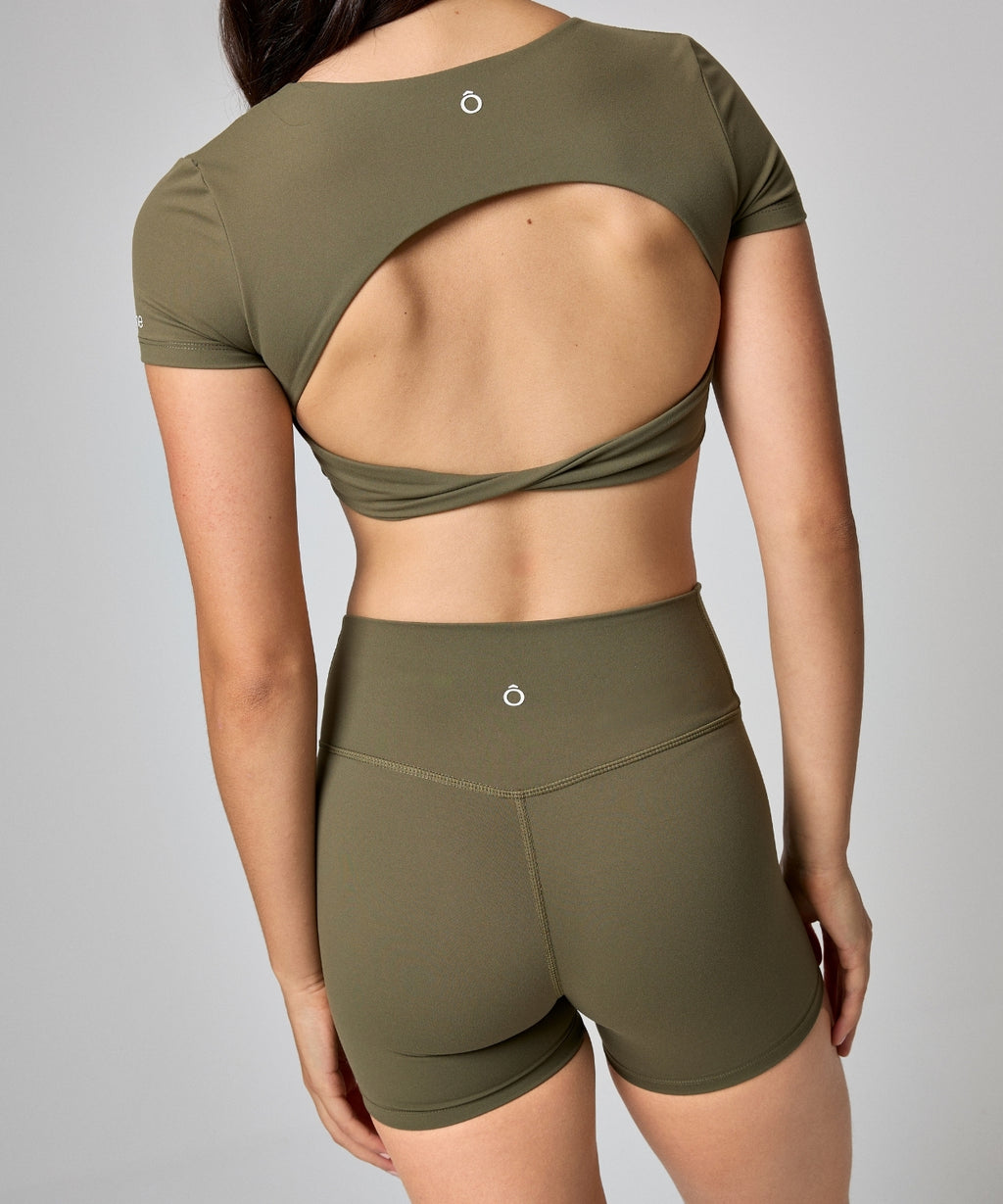 Camelia Top in Gray Green, back view, ÔNNE activewear