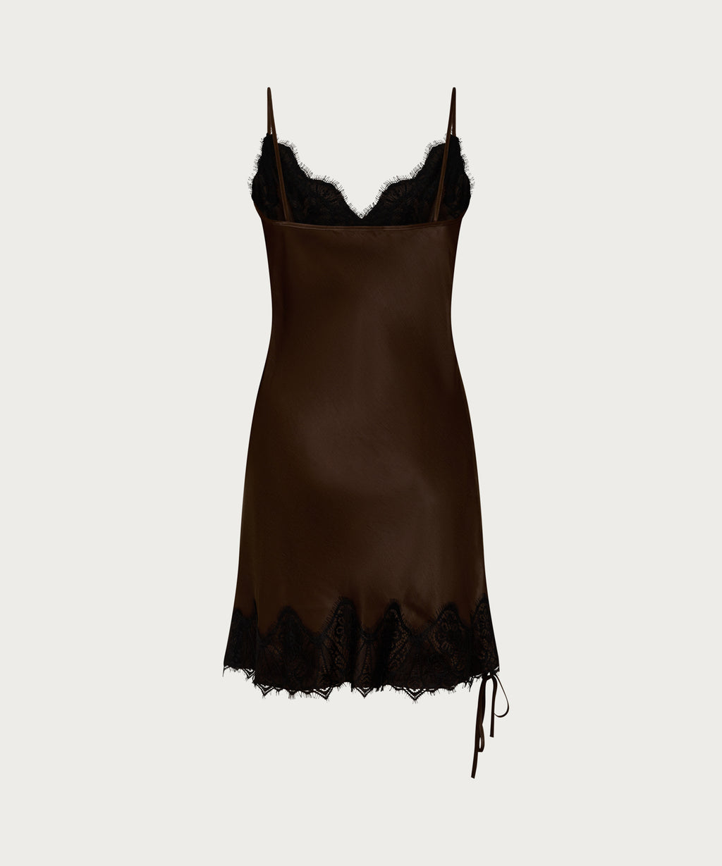 The Satin Mini Slip Dress Brown - S The Satin Mini Slip Dress Brown - S
