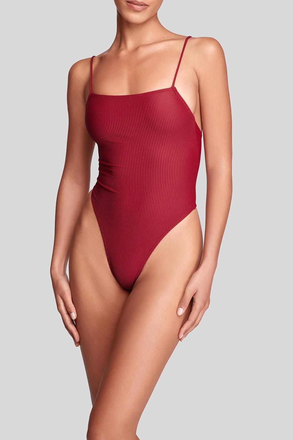 Line One piece Rib in Wine, front view, ÔNNE swimwear